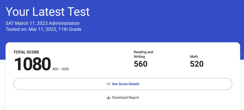 Screenshot of the SAT score report with total and section scores.