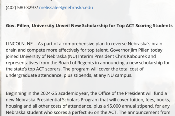 Nebraska scholarship for perfect scorers