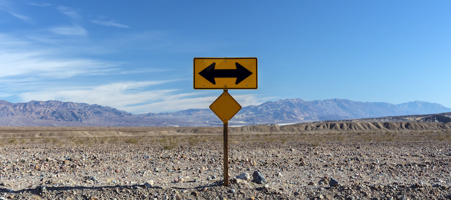 Sign with arrows pointing in opposite directions in the desert.