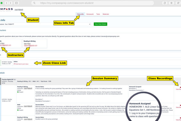 Compass student portal dashboard Class Info Tab displaying instructors names and contact info, ACT class zoom links, class session notes and summaries, class recordings, and homework assigned summaries.