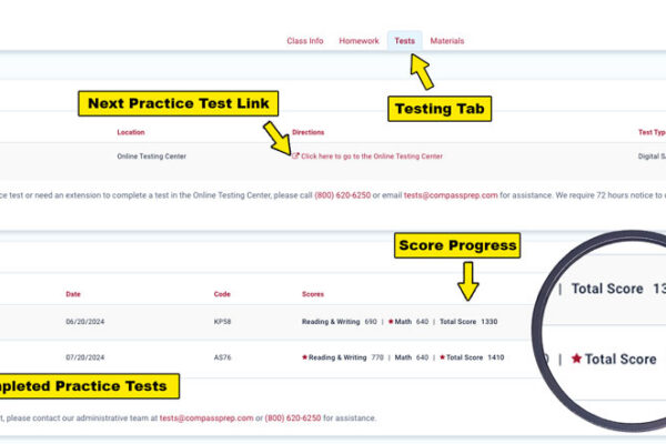 Use the Tests Tab in the portal to complete digital ACT practice tests and review the scoring analytics matrix showing score progress and pacing metrics